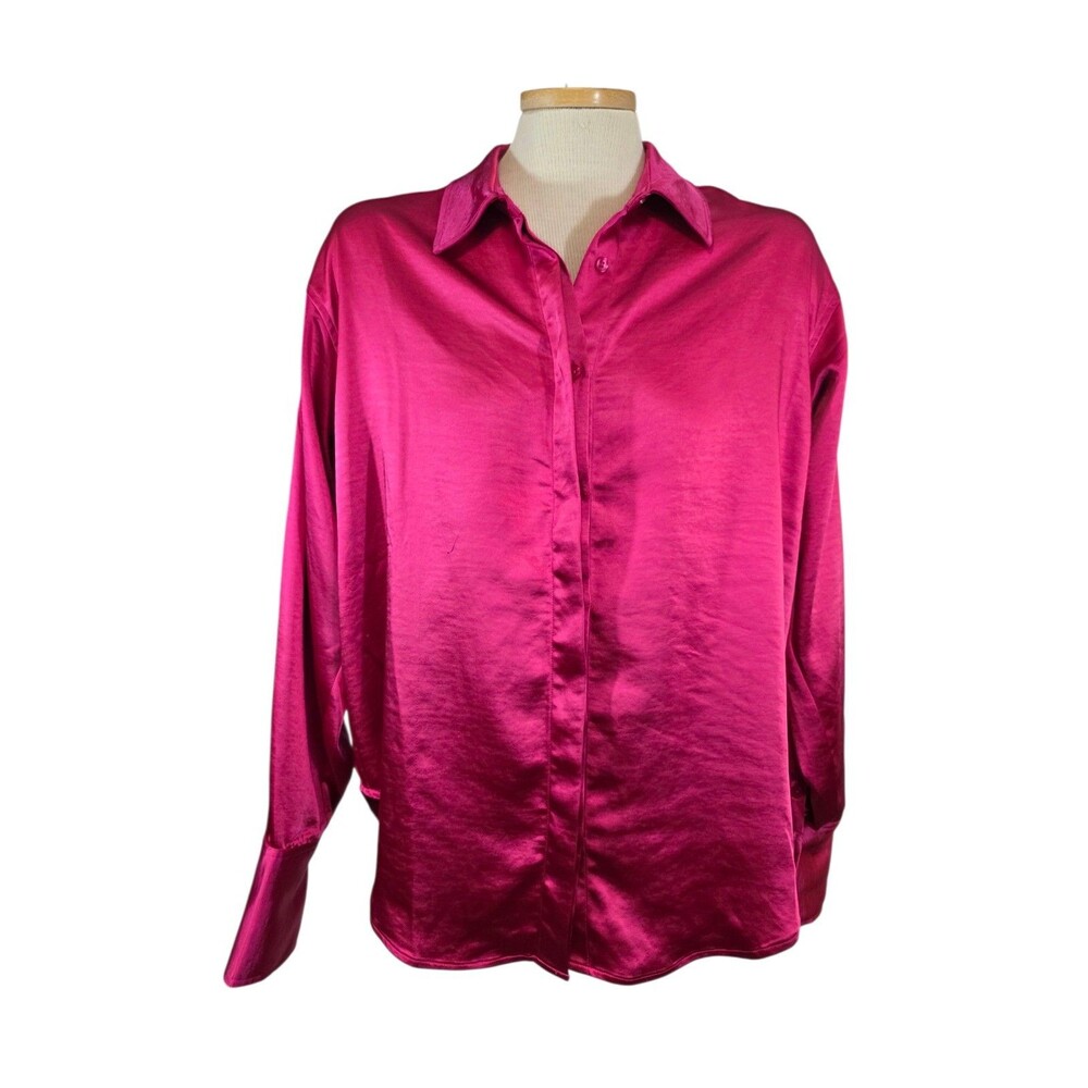 Good American Top Womens S/M Pink Washed Satin Weekend Button Up Shirt Read